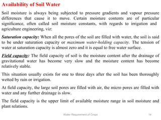 Availability of Soil Water
Soil moisture is always being subjected to pressure gradients and vapour pressure
differences that cause it to move. Certain moisture contents are of particular
significance, often called soil moisture constants, with regards to irrigation and
agriculture engineering, viz:
Saturation capacity: When all the pores of the soil are filled with water, the soil is said
to be under saturation capacity or maximum water-holding capacity. The tension of
water at saturation capacity is almost zero and it is equal to free water surface.
Field capacity: The field capacity of soil is the moisture content after the drainage of
gravitational water has become very slow and the moisture content has become
relatively stable.
This situation usually exists for one to three days after the soil has been thoroughly
wetted by rain or irrigation.
At field capacity, the large soil pores are filled with air, the micro pores are filled with
water and any further drainage is slow.
The field capacity is the upper limit of available moisture range in soil moisture and
plant relations.
14Water Requirement of Crops
 