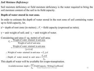 Soil Moisture Deficiency:
Soil moisture deficiency or field moisture deficiency is the water required to bring the
soil moisture content of the soil to its field capacity.
Depth of water stored in root zone.
In order to estimate the depth of water stored in the root zone of soil containing water
up to field capacity, let,
d = depth of root zone (in metres) ; Fc = field capacity (expressed as ratio);
γ = unit weight of soil; and γw = unit weight of water.
Considering unit area (1 sq. metre) of soil area;
This depth of water will be available for evapo-transpiration.
w
c
c
dF
dF
γ
γ
γ
..
areaunitinstoredwaterofDepth
..areaunitinretainedwaterofWeight
=∴
=∴
[ ]tCoefficienWilting-CapacityField
.
depthmoistureAvailable
w
d
γ
γ
=
( )d1
areaunitinretainedwaterofWeight
areaunitofsoilofWeight
areaunitinretainedwaterofWeight
××
=
=
γ
cF
19Water Requirement of Crops
 