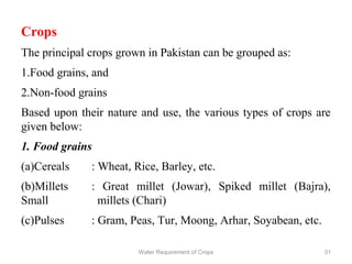Crops
The principal crops grown in Pakistan can be grouped as:
1.Food grains, and
2.Non-food grains
Based upon their nature and use, the various types of crops are
given below:
1. Food grains
(a)Cereals : Wheat, Rice, Barley, etc.
(b)Millets : Great millet (Jowar), Spiked millet (Bajra),
Small millets (Chari)
(c)Pulses : Gram, Peas, Tur, Moong, Arhar, Soyabean, etc.
31Water Requirement of Crops
 