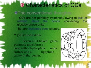 Characteristics of CDs The conventional thoughts: CDs are not perfectly cylindrical, owing to  lack of rotation about the bonds  connecting the glucopyranose units But are  truncated cone  shaped. /39 β-Cyclodextrin: Seven  α -1,4-linked  gluco- pyranose units form a   cone with a hydrophilic  outer surface and a  lipophilic cavity in the  center. 