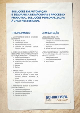 SOLUÇÕES EM AUTOMAÇÃO
E SEGURANÇA DE MÁQUINAS E PROCESSO
PRODUTIVO. SOLUÇÕES PERSONALIZADAS
À CADA NECESSIDADE.



1) PLANEJAMENTO                                    2) IMPLANTAÇÃO
a. LEVANTAMENTO DE RISCO EM MÁQUINAS E             a. CONSULTORIA TÉCNICA PARA
EQUIPAMENTOS                                       ACOMPANHAMENTO DE PROJETO
    I. Avaliação do risco                              I. Avaliação e/ou indicação de dispositivos
    II. Caracterização do risco                             eletromecânicos
    III. Enquadramento nas Normas                      II. Avaliação e/ou indicação de dispositivos
    IV. Sugestões de adequação conforme                     eletrônicos
         categoria de risco                            III. Medição de arrasto (parada efetiva)

b. ENGENHARIA DE DESENVOLVIMENTO PARA              b. ADEQUAÇÃO DE MÁQUINAS E EQUIPAMENTOS
ADEQUAÇÃO E INSTALAÇÕES ELÉTRICAS DE               • Serviços de Instalações através de Integradores
SEGURANÇA EM MÁQUINAS E EQUIPAMENTOS               Autorizados Schmersal
    I. Projetos Mecânicos em 3D                        I. Instalações Mecânicas
    II. Desenvolvimento de Projetos Elétricos          II. Instalações Eletroeletrônicas
    III. Projetos de Segurança para máquinas e         III. Gerenciamento
         equipamentos
    IV. Manuais
    V. Start up

c. PAINÉIS ELÉTRICOS
    I. Projeto e Fabricação de painéis e quadros
        elétricos de pequeno e médio porte,
        utilizando modernas ferramentas de
        projeto
    II. Desenvolvimento de painéis e caixas
        especiais de controle e segurança

d. TREINAMENTOS TÉCNICOS DE SEGURANÇA
(ACADEMIA SCHMERSAL)
   I. Treinamento para gestores
   II. Treinamento para manutenção
   III. Treinamento para usuários
   IV. Palestras nas SIPATs
 