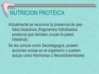 NUTRICION PROTEICA Actualmente se reconoce la presencia de pep-tidos bioactivos (fragmentos hidrolizados proteicos que tambien cruzan la pared intestinal). Se les conoce como Secretagogos, poseen acciones unicas en el organismo y pueden actuar como Hormonas o Neurotransmisores 