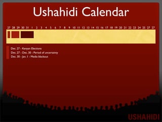 27 28 29 30 31 1 2 3 4 5 6 7 8 9 10 11 12 13 14 15 16 17 18 19 20 21 22 23 24 25 27 27
Ushahidi Calendar
Dec. 27 - Kenyan Elections
Dec. 27 - Dec. 30 - Period of uncertainty
Dec. 30 - Jan. 1 - Media blackout
 