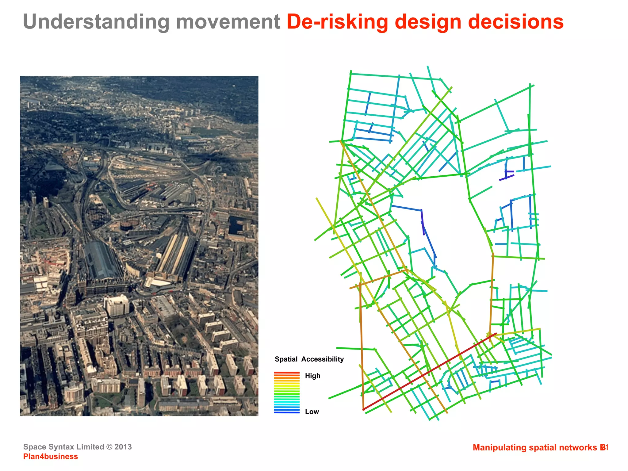 Space Syntax Limited © 2013
Plan4business
21
Spatial Accessibility
High
Low
Understanding movement De-risking design decisions
Manipulating spatial networks B
 