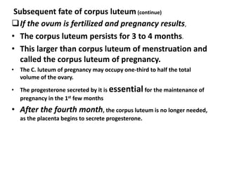 Subsequent fate of corpus luteum (continue)
If the ovum is fertilized and pregnancy results,
• The corpus luteum persists for 3 to 4 months.
• This larger than corpus luteum of menstruation and
   called the corpus luteum of pregnancy.
• The C. luteum of pregnancy may occupy one-third to half the total
  volume of the ovary.

• The progesterone secreted by it is essential for the maintenance of
  pregnancy in the 1st few months
• After the fourth month, the corpus luteum is no longer needed,
   as the placenta begins to secrete progesterone.
 