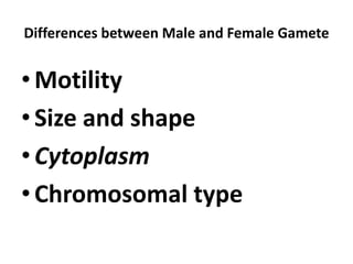 Differences between Male and Female Gamete


• Motility
• Size and shape
• Cytoplasm
• Chromosomal type
 