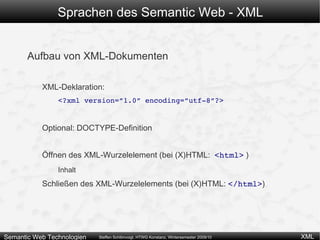 Beispiel HTML: Formatierung z.B. mit <i> (kursiv) und <b> (fettgedruckt) <i> Diese Vorlesung </i>  hat das Thema  <b> Semantic Web </b> . 