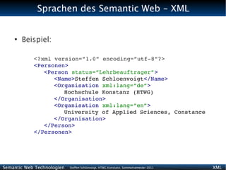 Sprachen des Semantic Web - XML


    ●
        Beispiel:

            <?xml version=”1.0” encoding=”utf­8”?>
            <Personen>
               <Person status=”Lehrbeauftrager”>
                  <Name>Steffen Schloenvoigt</Name>
                  <Organisation xml:lang=”de”>
                     Hochschule Konstanz (HTWG)
                  </Organisation>
                  <Organisation xml:lang=”en”>
                     University of Applied Sciences, Constance
                  </Organisation>
               </Person>
            </Personen>




Semantic Web Technologien   Steffen Schlönvoigt, HTWG Konstanz, Sommersemester 2011   XML
 