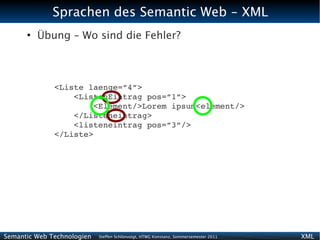 Sprachen des Semantic Web - XML
      ●
          Übung – Wo sind die Fehler?



              <Liste laenge=”4”>
                  <ListenEintrag pos=”1”>
                      <Element/>Lorem ipsum<element/>
                  </Listeneintrag>
                  <listeneintrag pos=”3”/>
              </Liste>




Semantic Web Technologien   Steffen Schlönvoigt, HTWG Konstanz, Sommersemester 2011   XML
 