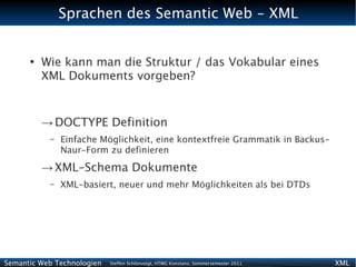 Sprachen des Semantic Web - XML


      ●
          Wie kann man die Struktur / das Vokabular eines
          XML Dokuments vorgeben?


          → DOCTYPE Definition
           –   Einfache Möglichkeit, eine kontextfreie Grammatik in Backus-
               Naur-Form zu definieren

          → XML-Schema Dokumente
           –   XML-basiert, neuer und mehr Möglichkeiten als bei DTDs




Semantic Web Technologien   Steffen Schlönvoigt, HTWG Konstanz, Sommersemester 2011   XML
 