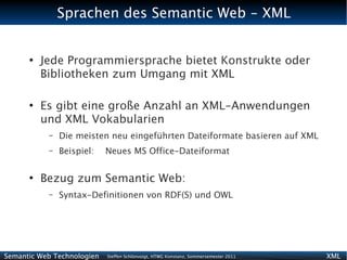 Sprachen des Semantic Web - XML


      ●
          Jede Programmiersprache bietet Konstrukte oder
          Bibliotheken zum Umgang mit XML

      ●
          Es gibt eine große Anzahl an XML-Anwendungen
          und XML Vokabularien
           –   Die meisten neu eingeführten Dateiformate basieren auf XML
           –   Beispiel:    Neues MS Office-Dateiformat

      ●
          Bezug zum Semantic Web:
           –   Syntax-Definitionen von RDF(S) und OWL




Semantic Web Technologien   Steffen Schlönvoigt, HTWG Konstanz, Sommersemester 2011   XML
 
