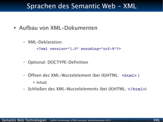Sprachen des Semantic Web - XML


      ●
          Aufbau von XML-Dokumenten

           –   XML-Deklaration:
                     <?xml version=”1.0” encoding=”utf­8”?>


           –   Optional: DOCTYPE-Definition


           –   Öffnen des XML-Wurzelelement (bei (X)HTML: <html> )
                 ●
                     Inhalt
           –   Schließen des XML-Wurzelelements (bei (X)HTML: </html>)




Semantic Web Technologien     Steffen Schlönvoigt, HTWG Konstanz, Sommersemester 2011   XML
 