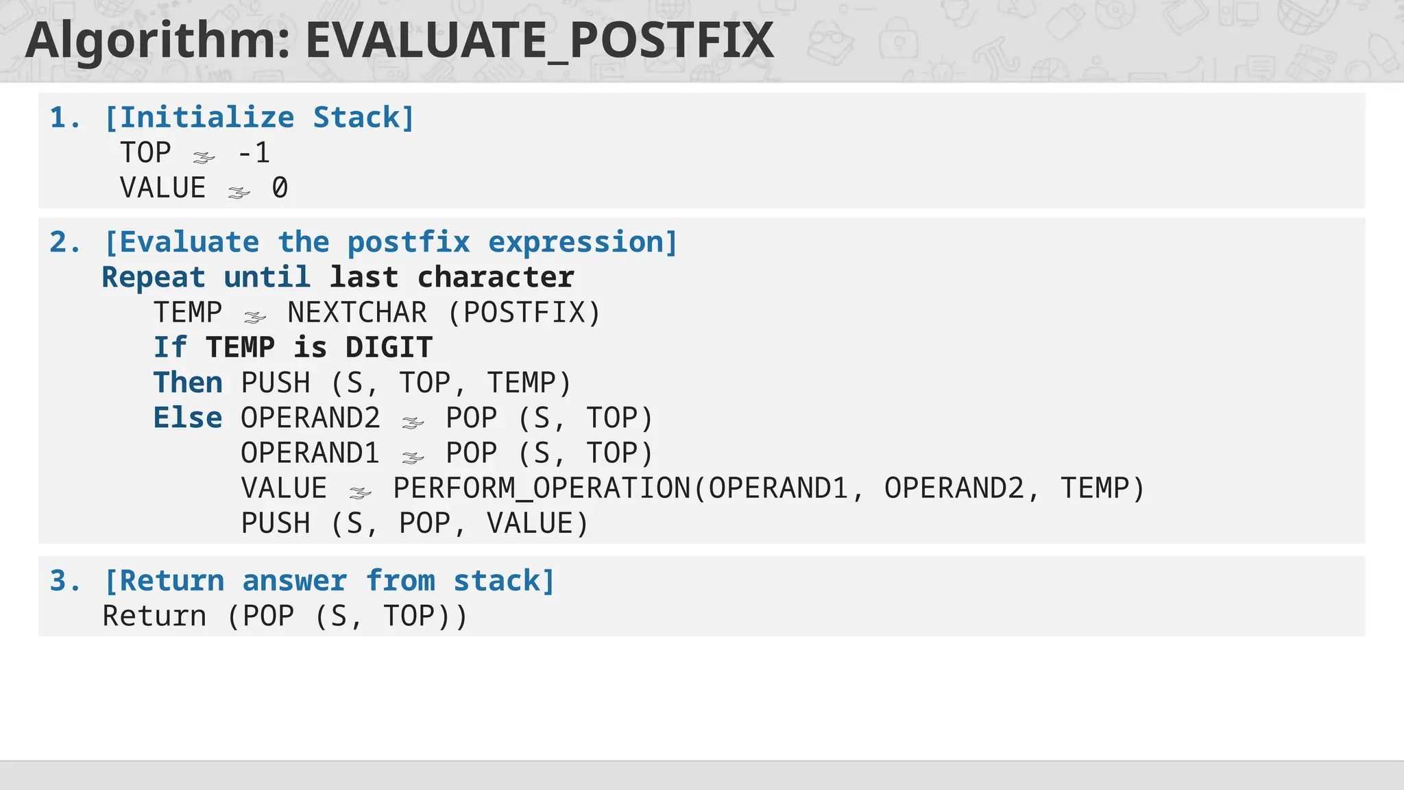 Algorithm: EVALUATE_POSTFIX
1. [Initialize Stack]
TOP  -1
VALUE  0
2. [Evaluate the postfix expression]
Repeat until last character
TEMP  NEXTCHAR (POSTFIX)
If TEMP is DIGIT
Then PUSH (S, TOP, TEMP)
Else OPERAND2  POP (S, TOP)
OPERAND1  POP (S, TOP)
VALUE  PERFORM_OPERATION(OPERAND1, OPERAND2, TEMP)
PUSH (S, POP, VALUE)
3. [Return answer from stack]
Return (POP (S, TOP))
 