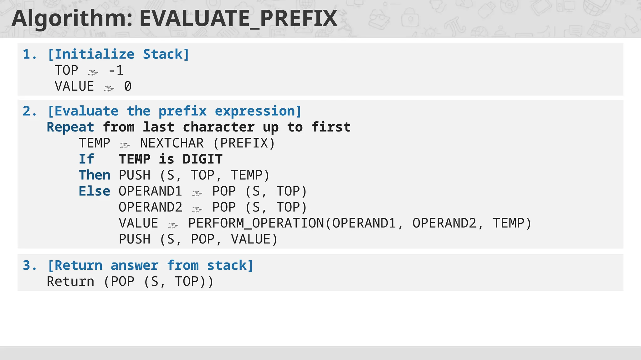 Algorithm: EVALUATE_PREFIX
1. [Initialize Stack]
TOP  -1
VALUE  0
2. [Evaluate the prefix expression]
Repeat from last character up to first
TEMP  NEXTCHAR (PREFIX)
If TEMP is DIGIT
Then PUSH (S, TOP, TEMP)
Else OPERAND1  POP (S, TOP)
OPERAND2  POP (S, TOP)
VALUE  PERFORM_OPERATION(OPERAND1, OPERAND2, TEMP)
PUSH (S, POP, VALUE)
3. [Return answer from stack]
Return (POP (S, TOP))
 