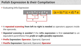 Polish Expression & their Compilation
 Evaluating Infix Expression
a + b * c + d * e
1 2
3
4
 A repeated scanning from left to right is needed as operators appears inside
the operands.
 Repeated scanning is avoided if the infix expression is first converted to an
equivalent parenthesis free prefix or suffix (postfix) expression.
 Prefix Expression: Operator, Operand, Operand
 Postfix Expression: Operand, Operand, Operator
(a + b) * (c + d) * e
 