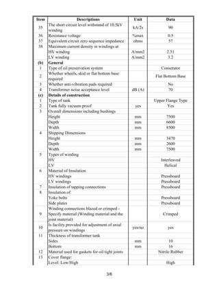 Item Descriptions Unit Data
35
The short circuit level withstand of 10.5kV
winding
kA/2s 90
36 Resistance voltage %max 0.5
37 Equivalent circuit zero sequence impedance ohms 57
38 Maximum current density in windings at
HV winding A/mm2 2.51
LV winding A/mm2 3.2
(b) General
1 Type of oil preservation system Conserator
2
Whether wheels, skid or flat bottom base
required
Flat Bottom Base
3 Whether anti-vibration pads required No
4 Transformer noise acceptance level dB (A) 70
(c) Details of construction
1 Type of tank Upper Flange Type
2 Tank fully vacuum proof yes Yes
3 Overall dimensions including bushings
Height mm 7500
Depth mm 6600
Width mm 8500
4 Shipping Dimensions
Height mm 3470
Depth mm 2600
Width mm 7500
5 Types of winding
HV Interleaved
LV Helical
6 Material of Insulation
HV windings Pressboard
LV windings Pressboard
7 Insulation of tapping connections Pressboard
8 Insulation of:
Yoke bolts Pressboard
Side plates Pressboard
9
Winding connections blazed or crimped -
Specify material (Winding material and the
joint material)
Crimped
10
Is facility provided for adjustment of axial
pressure on windings
yes/no yes
11 Thickness of transformer tank
Sides mm 10
Bottom mm 16
12 Material used for gaskets for oil tight joints Nitrile Rubber
13 Cover flange:
Level: Low/High High
3/6
 