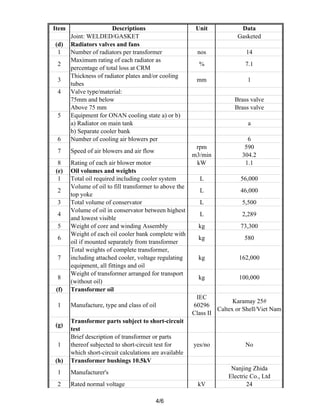 Item Descriptions Unit Data
Joint: WELDED/GASKET Gasketed
(d) Radiators valves and fans
1 Number of radiators per transformer nos 14
2
Maximum rating of each radiator as
percentage of total loss at CRM
% 7.1
3
Thickness of radiator plates and/or cooling
tubes
mm 1
4 Valve type/material:
75mm and below Brass valve
Above 75 mm Brass valve
5 Equipment for ONAN cooling state a) or b)
a) Radiator on main tank a
b) Separate cooler bank
6 Number of cooling air blowers per 6
7 Speed of air blowers and air flow
rpm
m3/min
590
304.2
8 Rating of each air blower motor kW 1.1
(e) Oil volumes and weights
1 Total oil required including cooler system L 56,000
2
Volume of oil to fill transformer to above the
top yoke
L 46,000
3 Total volume of conservator L 5,500
4
Volume of oil in conservator between highest
and lowest visible
L 2,289
5 Weight of core and winding Assembly kg 73,300
6
Weight of each oil cooler bank complete with
oil if mounted separately from transformer
kg 580
7
Total weights of complete transformer,
including attached cooler, voltage regulating
equipment, all fittings and oil
kg 162,000
8
Weight of transformer arranged for transport
(without oil)
kg 100,000
(f) Transformer oil
1 Manufacture, type and class of oil
IEC
60296
Class II
Karamay 25#
Caltex or Shell/Viet Nam
(g)
Transformer parts subject to short-circuit
test
1
Brief description of transformer or parts
thereof subjected to short-circuit test for
which short-circuit calculations are available
yes/no No
(h) Transformer bushings 10.5kV
1 Manufacturer's
Nanjing Zhida
Electric Co., Ltd
2 Rated normal voltage kV 24
4/6
 