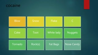 cocaine
Blow Snow Flake C
Coke Toot White lady Nuggets
Tornado Rock(s) Fat Bags Nose Candy
 