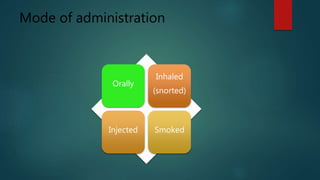 Mode of administration
Orally
Inhaled
(snorted)
Injected Smoked
 
