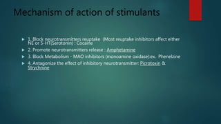 Mechanism of action of stimulants
 1. Block neurotransmitters reuptake (Most reuptake inhibitors affect either
NE or 5-HT(Serotonin) : Cocaine
 2. Promote neurotransmitters release : Amphetamine
 3. Block Metabolism - MAO inhibitors (monoamine oxidase):ex. Phenelzine
 4. Antagonize the effect of inhibitory neurotransmitter: Picrotoxin &
Strychnine
 