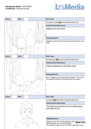 Storyboard Sheet: THE DARK
Created by: Mantas Bruzas
Sheet 1 of 4
Scene: Shot: Shot Type:
ECU/BCU/CU/MS/LS/EST/OSS/POV/MAST/CA
Action/Camera Movement:
Walking into the forrest
Dialogue/Sound:
Diegetic sound of birds chirping and leafs blowing in the
wind.
Scene: Shot: Shot Type:
ECU/BCU/CU/MS/LS/EST/OSS/POV/MAST/CA
Action/Camera Movement:
Father disappears as kid looks away
Dialogue/Sound:
Non - Diegetic sound heard by the viewers. This sound
corresponds directly to the flickering of the camera
Scene: Shot: Shot Type:
ECU/BCU/CU/MS/LS/EST/OSS/POV/MAST/CA
Action/Camera Movement:
The child turns around to see his father gone
and calls for him
Dialogue/Sound:
Diegetic sound of the child gasping in fear. This is due to
the fact that he can not see his father.
The child then calls out for his dad in a high pitch voice.
 