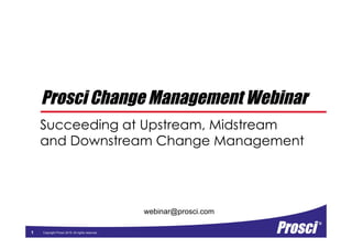 Copyright Prosci 2015. All rights reserved.1
webinar@prosci.com
Prosci Change Management Webinar
Succeeding at Upstream, Midstream
and Downstream Change Management
 
