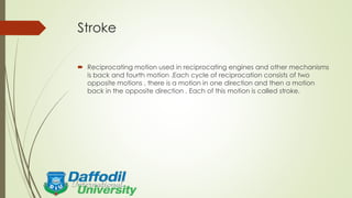 Stroke
 Reciprocating motion used in reciprocating engines and other mechanisms
is back and fourth motion .Each cycle of reciprocation consists of two
opposite motions , there is a motion in one direction and then a motion
back in the opposite direction . Each of this motion is called stroke.
 