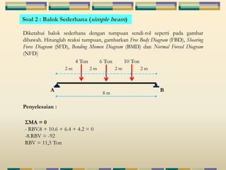 Soal 2 : Balok Sederhana (simple beam) 
Diketahui balok sederhana dengan tumpuan sendi-rol seperti pada gambar 
dibawah. Hitunglah reaksi tumpuan, gambarkan Free Body Diagram (FBD), Shearing 
Force Diagram (SFD), Bending Momen Diagram (BMD) dan Normal Forced Diagram 
(NFD) 
4 Ton 10 Ton 
6 Ton 
2 m 2 m 2 m 
8 m 
2 m 
A B 
Penyelesaian : 
ΣMA = 0 
- RBV.8 + 10.6 + 6.4 + 4.2 = 0 
-8.RBV = -92 
RBV = 11,5 Ton 
 