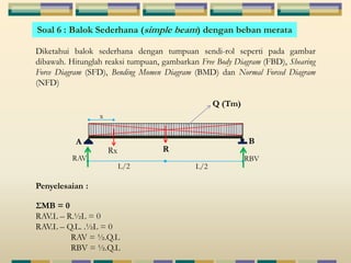 Soal 6 : Balok Sederhana (simple beam) dengan beban merata 
Diketahui balok sederhana dengan tumpuan sendi-rol seperti pada gambar 
dibawah. Hitunglah reaksi tumpuan, gambarkan Free Body Diagram (FBD), Shearing 
Force Diagram (SFD), Bending Momen Diagram (BMD) dan Normal Forced Diagram 
(NFD) 
A B 
Penyelesaian : 
L/2 
Q (Tm) 
L/2 
Rx R 
x 
RAV RBV 
ΣMB = 0 
RAV.L – R.½L = 0 
RAV.L – Q.L. .½L = 0 
RAV = ½.Q.L 
RBV = ½.Q.L 
 