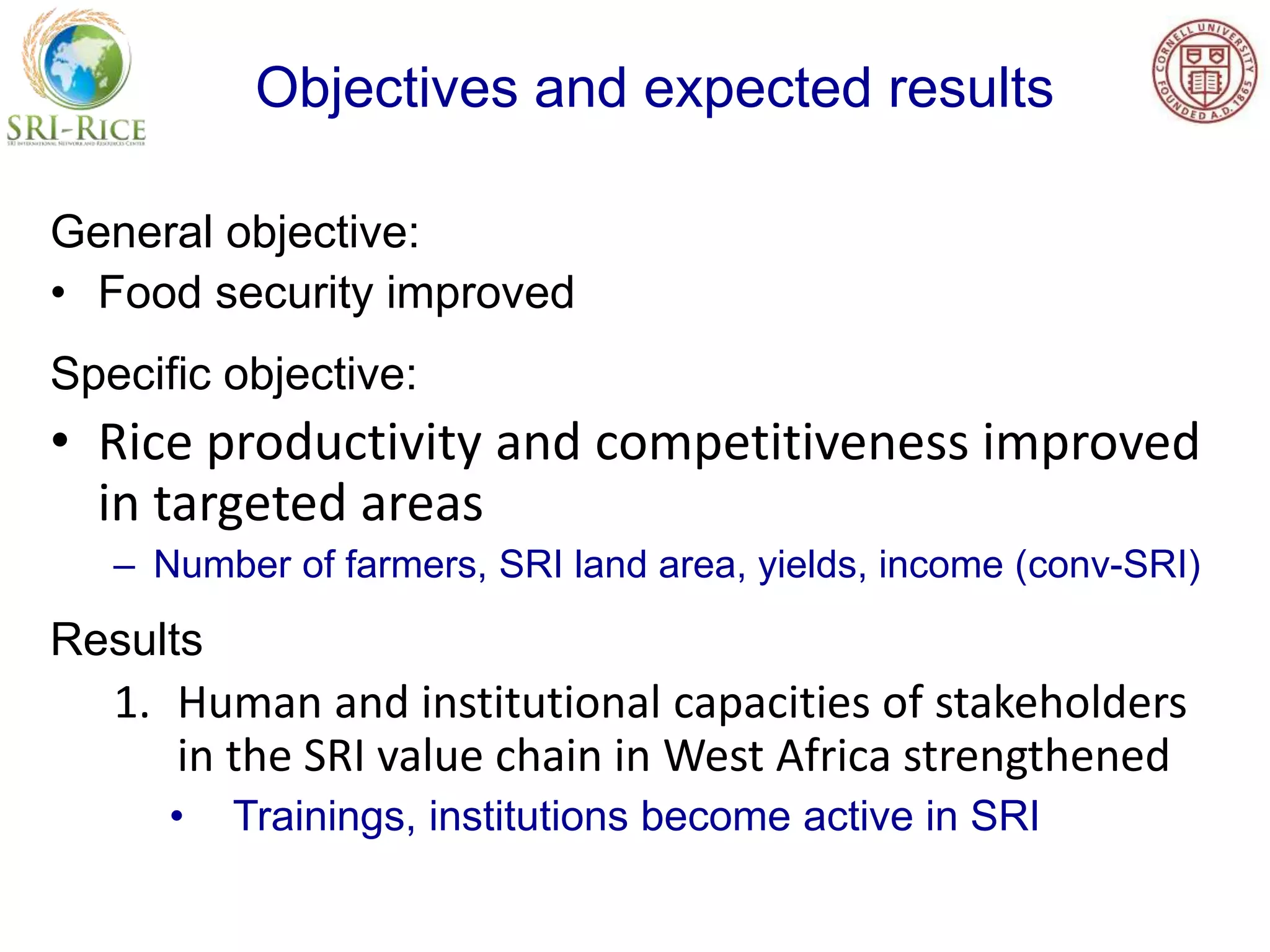 Objectives and expected results
General objective:
• Food security improved
Specific objective:
• Rice productivity and competitiveness improved
in targeted areas
– Number of farmers, SRI land area, yields, income (conv-SRI)
Results
1. Human and institutional capacities of stakeholders
in the SRI value chain in West Africa strengthened
• Trainings, institutions become active in SRI
 