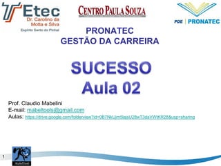 1
PRONATEC
GESTÃO DA CARREIRA
Prof. Claudio Mabelini
E-mail: mabeltools@gmail.com
Aulas: https://drive.google.com/folderview?id=0B7NkUjm5lajsU28wT3daVWtKR28&usp=sharing
 