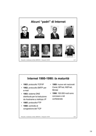Alcuni “padri” di Internet




                                                                                     Bob Metcalfe

Protocolli e Architetture di Rete 2009/2010 – Protocolli TCP/IP                                     4.27




             Internet 1980-1990: la maturità
• 1983: protocollo TCP/IP                                         • 1989: nuove reti nazionali:
• 1982: protocollo SMTP per                                         Csnet, BITnet, NSFnet,
  e-mail                                                            Minitel
• 1983: sistema DNS                                               • 1990: 100.000 nodi sono
  distribuito per la traduzione                                     connessi a reti
  da hostname a indirizzo IP                                        confederate
• 1985: protocollo FTP
• 1988: controllo di
  congestione del TCP



Protocolli e Architetture di Rete 2009/2010 – Protocolli TCP/IP                                     4.28




                                                                                                           14
 