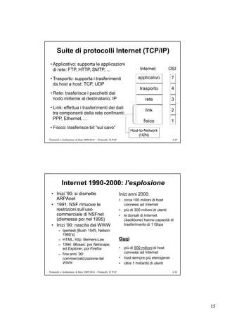 Suite di protocolli Internet (TCP/IP)
 • Applicativo: supporta le applicazioni
   di rete: FTP, HTTP, SMTP, ...                                              Internet       OSI

 • Trasporto: supporta i trasferimenti                                       applicativo         7
   da host a host: TCP, UDP
                                                                              trasporto          4
 • Rete: trasferisce i pacchetti dal
   nodo mittente al destinatario: IP                                             rete            3
 • Link: effettua i trasferimenti dei dati
                                                                                 link            2
   tra componenti della rete confinanti:
   PPP, Ethernet, …
                                                                                fisico           1
 • Fisico: trasferisce bit “sul cavo”
                                                                         Host-to-Network
                                                                              (H2N)
Protocolli e Architetture di Rete 2009/2010 – Protocolli TCP/IP                                  4.29




           Internet 1990-2000: l’esplosione
  • Inizi ’90: si dismette                                        Inizi anni 2000:
    ARPAnet                                                       • circa 100 milioni di host
  • 1991: NSF rimuove le                                            connessi ad Internet
    restrizioni sull’uso                                          • più di 300 milioni di utenti
    commerciale di NSFnet                                         • le dorsali di Internet
    (dismessa poi nel 1995)                                         (backbone) hanno capacità di
  • Inizi ’90: nascita del WWW                                      trasferimento di 1 Gbps
        – Ipertesti [Bush 1945, Nelson
          1960’s]
        – HTML, http: Berners-Lee                                 Oggi
        – 1994: Mosaic, poi Netscape,
          ed Explorer, poi Firefox                                • più di 500 milioni di host
        – fine anni ’90:                                            connessi ad Internet
          commercializzazione del                                 • host sempre più eterogenei
            WWW                                                   • oltre 1 miliardo di utenti

Protocolli e Architetture di Rete 2009/2010 – Protocolli TCP/IP                                  4.30




                                                                                                        15
 
