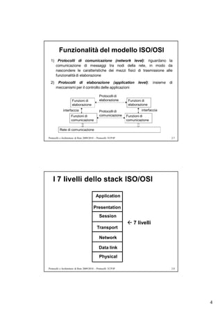 Funzionalità del modello ISO/OSI
  1) Protocolli di comunicazione (network level): riguardano la
    comunicazione di messaggi tra nodi della rete, in modo da
    nascondere le caratteristiche dei mezzi fisici di trasmissione alle
    funzionalità di elaborazione
  2)    Protocolli di elaborazione (application                          level):   insieme   di
       meccanismi per il controllo delle applicazioni

                                                Protocolli di
                      Funzioni di               elaborazione       Funzioni di
                      elaborazione                                 elaborazione
             interfaccia                        Protocolli di              interfaccia
                     Funzioni di                comunicazione     Funzioni di
                     comunicazione                                comunicazione

          Rete di comunicazione

Protocolli e Architetture di Rete 2009/2010 – Protocolli TCP/IP                               2.7




    I 7 livelli dello stack ISO/OSI

                                            Application

                                          Presentation
                                               Session
                                                                   7 livelli
                                             Transport

                                               Network

                                               Data link

                                               Physical

Protocolli e Architetture di Rete 2009/2010 – Protocolli TCP/IP                               2.8




                                                                                                    4
 