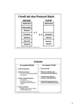I livelli dei due Protocol Stack
                 ISO/OSI                                                TCP/IP
                 Application                                           Application

              Presentation
                    Session
                                              7
                  Transport                                  5        Transport

                    Network                                             Internet

                   Data link                                            Host-to-
                    Physical                                            network

Protocolli e Architetture di Rete 2009/2010 – Protocolli TCP/IP                              1.15




                                               Critiche
         Al modello ISO/OSI                                        Al modello TCP/IP

• Cattiva tempistica                                          • Poco generale

• Cattiva tecnologia                                          • Meno concettuale e più
      – Influenzato dal modello IBM-SNA                         orientato al funzionamento
      – Ridondanze
                                                              • Livelli host-to-network
• Cattiva implementazione                                       confusi e interdipendenti
      – Complessità
      – Eccessivi 7 livelli per la                            • Protocolli sviluppati ad hoc
        tecnologia (reti-computer) del                          invece che protocolli generali
        tempo

• Pessima politica
      – Modello imposto contro il libero
        TCP/IP legato a Unix
Protocolli e Architetture di Rete 2009/2010 – Protocolli TCP/IP                              1.16




                                                                                                    8
 