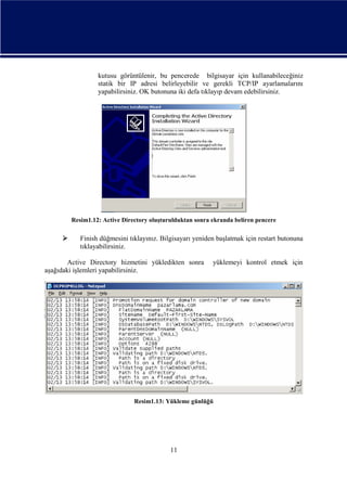 kutusu görüntülenir, bu pencerede bilgisayar için kullanabileceğiniz
statik bir IP adresi belirleyebilir ve gerekli TCP/IP ayarlamalarını
yapabilirsiniz. OK butonuna iki defa tıklayıp devam edebilirsiniz.

Resim1.12: Active Directory oluşturulduktan sonra ekranda beliren pencere



Finish düğmesini tıklayınız. Bilgisayarı yeniden başlatmak için restart butonuna
tıklayabilirsiniz.

Active Directory hizmetini yükledikten sonra
aşağıdaki işlemleri yapabilirsiniz.

yüklemeyi kontrol etmek için

Resim1.13: Yükleme günlüğü

11

 