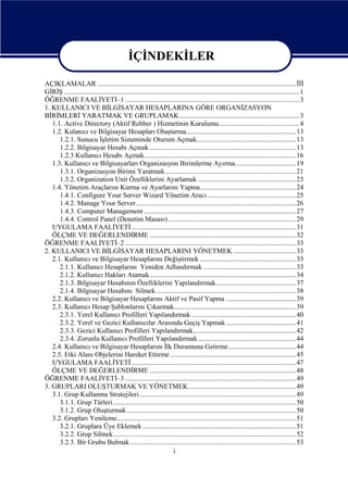 İÇİNDEKİLER
AÇIKLAMALAR .................................................................................................................. İİİ
GİRİŞ ....................................................................................................................................... 1
ÖĞRENME FAALİYETİ–1 .................................................................................................... 3
1. KULLANICI VE BİLGİSAYAR HESAPLARINA GÖRE ORGANİZASYON
BİRİMLERİ YARATMAK VE GRUPLAMAK..................................................................... 3
1.1. Active Directory (Aktif Rehber ) Hizmetinin Kurulumu.............................................. 4
1.2. Kulanıcı ve Bilgisayar Hesapları Oluşturma............................................................... 13
1.2.1. Sunucu İşletim Sisteminde Oturum Açmak......................................................... 13
1.2.2. Bilgisayar Hesabı Açmak .................................................................................... 13
1.2.3 Kullanıcı Hesabı Açmak....................................................................................... 16
1.3. Kullanıcı ve Bilgisayarları Organizasyon Birimlerine Ayırma................................... 19
1.3.1. Organizasyon Birimi Yaratmak ........................................................................... 21
1.3.2. Organization Unit Özelliklerini Ayarlamak ........................................................ 23
1.4. Yönetim Araçlarını Kurma ve Ayarlarını Yapma....................................................... 24
1.4.1. Configure Your Server Wizard Yönetim Aracı................................................... 25
1.4.2. Manage Your Server............................................................................................ 26
1.4.3. Computer Management ....................................................................................... 27
1.4.4. Control Panel (Denetim Masası) ......................................................................... 29
UYGULAMA FAALİYETİ .............................................................................................. 31
ÖLÇME VE DEĞERLENDİRME .................................................................................... 32
ÖĞRENME FAALİYETİ–2 .................................................................................................. 33
2. KULLANICI VE BİLGİSAYAR HESAPLARINI YÖNETMEK .................................... 33
2.1. Kullanıcı ve Bilgisayar Hesaplarını Değiştirmek ....................................................... 33
2.1.1. Kullanıcı Hesaplarını Yeniden Adlandırmak ..................................................... 33
2.1.2. Kullanıcı Hakları Atamak.................................................................................... 34
2.1.3. Bilgisayar Hesabının Özelliklerini Yapılandırmak.............................................. 37
2.1.4. Bilgisayar Hesabını Silmek ................................................................................ 38
2.2. Kullanıcı ve Bilgisayar Hesaplarını Aktif ve Pasif Yapma ........................................ 39
2.3. Kullanıcı Hesap Şablonlarını Çıkarmak...................................................................... 39
2.3.1. Yerel Kullanıcı Profilleri Yapılandırmak ............................................................ 40
2.3.2. Yerel ve Gezici Kullanıcılar Arasında Geçiş Yapmak ........................................ 41
2.3.3. Gezici Kullanıcı Profilleri Yapılandırmak........................................................... 42
2.3.4. Zorunlu Kullanıcı Profilleri Yapılandırmak ........................................................ 44
2.4. Kullanıcı ve Bilgisayar Hesaplarını İlk Durumuna Getirme....................................... 44
2.5. Etki Alanı Objelerini Hareket Ettirme ........................................................................ 45
UYGULAMA FAALİYETİ .............................................................................................. 47
ÖLÇME VE DEĞERLENDİRME .................................................................................... 48
ÖĞRENME FAALİYETİ–3 .................................................................................................. 49
3. GRUPLARI OLUŞTURMAK VE YÖNETMEK.............................................................. 49
3.1. Grup Kullanma Stratejileri.......................................................................................... 49
3.1.1. Grup Türleri......................................................................................................... 50
3.1.2. Grup Oluşturmak ................................................................................................. 50
3.2. Grupları Yenileme....................................................................................................... 51
3.2.1. Gruplara Üye Eklemek ........................................................................................ 51
3.2.2. Grup Silmek......................................................................................................... 52
3.2.3. Bir Grubu Bulmak ............................................................................................... 53
i

 