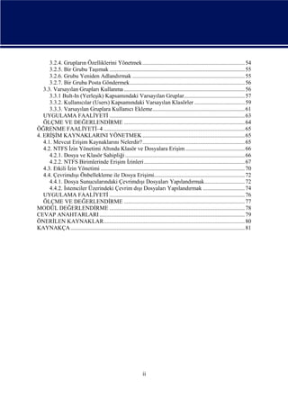 3.2.4. Grupların Özelliklerini Yönetmek ....................................................................... 54
3.2.5. Bir Grubu Taşımak .............................................................................................. 55
3.2.6. Grubu Yeniden Adlandırmak .............................................................................. 55
3.2.7. Bir Gruba Posta Göndermek................................................................................ 56
3.3. Varsayılan Grupları Kullanma .................................................................................... 56
3.3.1 Bult-In (Yerleşik) Kapsamındaki Varsayılan Gruplar.......................................... 57
3.3.2. Kullanıcılar (Users) Kapsamındaki Varsayılan Klasörler ................................... 59
3.3.3. Varsayılan Gruplara Kullanıcı Ekleme................................................................ 61
UYGULAMA FAALİYETİ .............................................................................................. 63
ÖLÇME VE DEĞERLENDİRME .................................................................................... 64
ÖĞRENME FAALİYETİ–4 .................................................................................................. 65
4. ERİŞİM KAYNAKLARINI YÖNETMEK ....................................................................... 65
4.1. Mevcut Erişim Kaynaklarını Nelerdir?....................................................................... 65
4.2. NTFS İzin Yönetimi Altında Klasör ve Dosyalara Erişim ......................................... 66
4.2.1. Dosya ve Klasör Sahipliği ................................................................................... 66
4.2.2. NTFS Birimlerinde Erişim İzinleri...................................................................... 67
4.3. Etkili İzin Yönetimi .................................................................................................... 70
4.4. Çevrimdışı Önbellekleme ile Dosya Erişimi............................................................... 72
4.4.1. Dosya Sunucularındaki Çevrimdışı Dosyaları Yapılandırmak............................ 72
4.4.2. İstemciler Üzerindeki Çevrim dışı Dosyaları Yapılandırmak ............................. 74
UYGULAMA FAALİYETİ .............................................................................................. 76
ÖLÇME VE DEĞERLENDİRME .................................................................................... 77
MODÜL DEĞERLENDİRME .............................................................................................. 78
CEVAP ANAHTARLARI ..................................................................................................... 79
ÖNERİLEN KAYNAKLAR.................................................................................................. 80
KAYNAKÇA ......................................................................................................................... 81

ii

 
