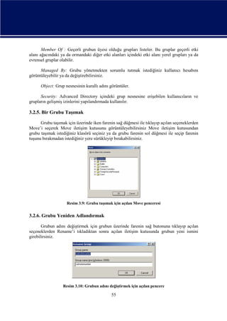 Member Of : Geçerli grubun üyesi olduğu grupları listeler. Bu gruplar geçerli etki
alanı ağacındaki ya da ormandaki diğer etki alanları içindeki etki alanı yerel grupları ya da
evrensel gruplar olabilir.
Managed By: Grubu yönetmekten sorumlu tutmak istediğiniz kullanıcı hesabını
görüntüleyebilir ya da değiştirebilirsiniz.
Object: Grup nesnesinin kurallı adını görüntüler.
Security: Advanced Directory içindeki grup nesnesine erişebilen kullanıcıların ve
grupların gelişmiş izinlerini yapılandırmada kullanılır.

3.2.5. Bir Grubu Taşımak
Grubu taşımak için üzerinde iken farenin sağ düğmesi ile tıklayıp açılan seçeneklerden
Move’i seçerek Move iletişim kutusunu görüntüleyebilirsiniz Move iletişim kutusundan
grubu taşımak istediğiniz klasörü seçiniz ya da grubu farenin sol düğmesi ile seçip farenin
tuşunu bırakmadan istediğiniz yere sürükleyip bırakabilirsiniz.

Resim 3.9: Grubu taşımak için açılan Move penceresi

3.2.6. Grubu Yeniden Adlandırmak
Grubun adını değiştirmek için grubun üzerinde farenin sağ butonuna tıklayıp açılan
seçeneklerden Rename’i tıkladıktan sonra açılan iletişim kutusunda grubun yeni ismini
girebilirsiniz.

Resim 3.10: Grubun adını değiştirmek için açılan pencere

55

 