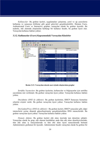 Kullanıcılar: Bu grubun üyeleri, uygulamaları çalıştırma, yerel ve ağ yazıcılarını
kullanma ve sunucuyu kilitleme gibi genel görevleri gerçekleştirebilir. Domain Users,
Authenticated Users ve Interactive grupları varsayılan olarak bu grubun üyesidir. Bu
nedenle, etki alanında oluşturulan herhangi bir kullanıcı hesabı, bu grubun üyesi olur.
Varsayılan kullanıcı hakları yoktur.

3.3.2. Kullanıcılar (Users) Kapsamındaki Varsayılan Klasörler

Resim 3.13: Varsayılan olarak users içinde oluşturulan gruplar

Sertifika Yayımcıları: Bu grubun üyelerine, kullanıcılar ve bilgisayarlar için sertifika
yayımlama izni verilmiştir. Bu grubun varsayılan üyesi yoktur. Varsayılan kullanıcı hakları
yoktur.
DnsAdmins (DNS ile yüklenir): Bu grubun üyelerinin, DHCP Sunucusu hizmetine
yönetim erişimi vardır. Bu grubun varsayılan üyesi yoktur. Varsayılan kullanıcı hakları
yoktur.
DnsUpdateProxy (DNS ile yüklenir) : Bu grubun üyeleri, DHCP sunucuları gibi, diğer
istemcilerin yerine dinamik güncelleştirmeler gerçekleştirebilen DNS istemcileridir. Bu
grubun varsayılan üyesi yoktur. Varsayılan kullanıcı hakları yoktur.
Domain Admins: Bu grubun üyeleri etki alanı üzerinde tam denetime sahiptir.
Varsayılan olarak bu grup, etki alanına katıldıkları anda tüm etki alanı denetleyicilerinde,
tüm etki alanı iş istasyonlarında ve tüm etki alanı üyesi sunucularında bulunan
Administrators grubunun bir üyesidir. Administrator hesabı varsayılan olarak bu grubun bir
59

 