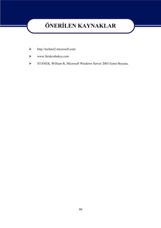 ÖNERİLEN KAYNAKLAR
ÖNERİLEN KAYNAKLAR


http://technet2.microsoft.com/



www.farukcubukcu.com



STANEK, William R, Microsoft Windows Server 2003 Enine Boyuna.

80

 