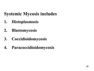 28
28
Systemic Mycosis includes
1. Histoplasmosis
2. Blastomycosis
3. Coccidioidomycosis
4. Paracoccidioidomycosis
 