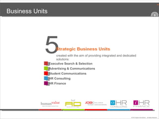 Business Units created with the aim of providing integrated and dedicated solutions: Executive Search & Selection Advertising & Communications Student Communications HR Consulting HR Finance 