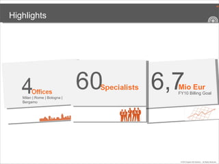 Highlights 6,7 FY10 Billing Goal Mio Eur Milan | Rome | Bologna | Bergamo 