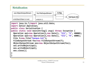Sérialisation
banque.txt
f:Filefos:FileOutputStream
write(int c)
oos:ObjectOutputStream
writeObject(Object o):void
import java.io.*;import java.util.Date;
import metier.Operation;
public class Serialisation {
public static void main(String[] args) throws Exception {
Operation op1=new Operation(1,new Date(), "CC1", "V", 40000);
53
Operation op1=new Operation(1,new Date(), "CC1", "V", 40000);
Operation op2=new Operation(2,new Date(), "CC1", "R", 6000);
File f=new File("banque.txt");
FileOutputStream fos=new FileOutputStream(f);
ObjectOutputStream oos=new ObjectOutputStream(fos);
oos.writeObject(op1);
oos.writeObject(op2);
oos.close();
}
}
med@youssfi.net | ENSET Université
Hassan II Mohammedia
 