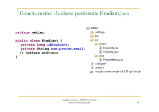 Couche métier : la classe persistante Etudiant.java
package metier;
public class Etudiant {
private Long idEtudiant;
private String nom,prenom,email;
// Getters etStters
}
92
}
med@youssfi.net | ENSET Université
Hassan II Mohammedia
 