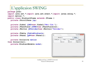 L’applicaion SWING
package pres;
import java.awt.*;import java.awt.event.*;import javax.swing.*;
import metier.*;
public class EtudiantFrame extends JFrame {
private JScrollPane jsp;
private JLabel jLMC=new JLabel("Mot Clé:");
private JTextField jTFMC=new JTextField(12);
private JButton jBValider=new JButton("Valider");
private JTable jTableEtudiants;
98
private JTable jTableEtudiants;
private JPanel jpN=new JPanel();
private Scolarite metier
=new Scolarite();
private EtudiantModele model;
med@youssfi.net | ENSET Université
Hassan II Mohammedia
 
