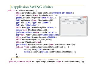 L’applicaion SWING (Suite)
public EtudiantFrame() {
this.setDefaultCloseOperation(DISPOSE_ON_CLOSE);
this.setLayout(new BorderLayout());
jTFMC.setToolTipText("Mot Clé:");
jpN.setLayout(new FlowLayout());
jpN.add(jLMC);jpN.add(jTFMC);
jpN.add(jBValider);
this.add(jpN,BorderLayout.NORTH);
model=new EtudiantModele();
jTableEtudiants=new JTable(model);
99
jTableEtudiants=new JTable(model);
jsp=new JScrollPane(jTableEtudiants);
this.add(jsp,BorderLayout.CENTER);
this.setBounds(10,10,500,500);
this.setVisible(true);
jBValider.addActionListener(new ActionListener(){
public void actionPerformed(ActionEvent e) {
String mc=jTFMC.getText();
model.setData(metier.getEtudiantParMC(mc));
}
});
}
public static void main(String[] args) {new EtudiantFrame();}}
med@youssfi.net | ENSET Université
Hassan II Mohammedia
 