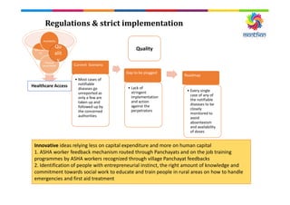 Healthcare Access
Affordabili
ty
Availability
Physical
accessibility
Qu
alit
y
Innovative ideas relying less on capital expenditure and more on human capital
1. ASHA worker feedback mechanism routed through Panchayats and on the job training
programmes by ASHA workers recognized through village Panchayat feedbacks
2. Identification of people with entrepreneurial instinct, the right amount of knowledge and
commitment towards social work to educate and train people in rural areas on how to handle
emergencies and first aid treatment
Regulations & strict implementation
Current Scenario
• Most cases of
notifiable
diseases go
unreported as
only a few are
taken up and
followed up by
the concerned
authorities
Gap to be plugged
• Lack of
stringent
implementation
and action
against the
perpetrators
Roadmap
• Every single
case of any of
the notifiable
diseases to be
closely
monitored to
avoid
absenteeism
and availability
of doses
Quality
 