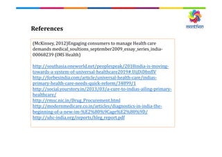 References
(McKinsey, 2012)Engaging consumers to manage Health care
demands medical_soultions_september2009_essay_series_india-
00068239 (IMS Health)
http://southasia.oneworld.net/peoplespeak/2018india-is-moving-
towards-a-system-of-universal-healthcare2019#.UijDiDbnflV
http://forbesindia.com/article/universal-health-care/indias-
primary-health-care-needs-quick-reform/34899/1
http://social.yourstory.in/2013/03/a-cure-to-indias-ailing-primary-
healthcare/
http://rmsc.nic.in/Drug_Procurement.html
http://modernmedicare.co.in/articles/diagnostics-in-india-the-
beginning-of-a-new-im-%E2%80%9Cage%E2%80%9D/
http://uhc-india.org/reports/hleg_report.pdf
 
